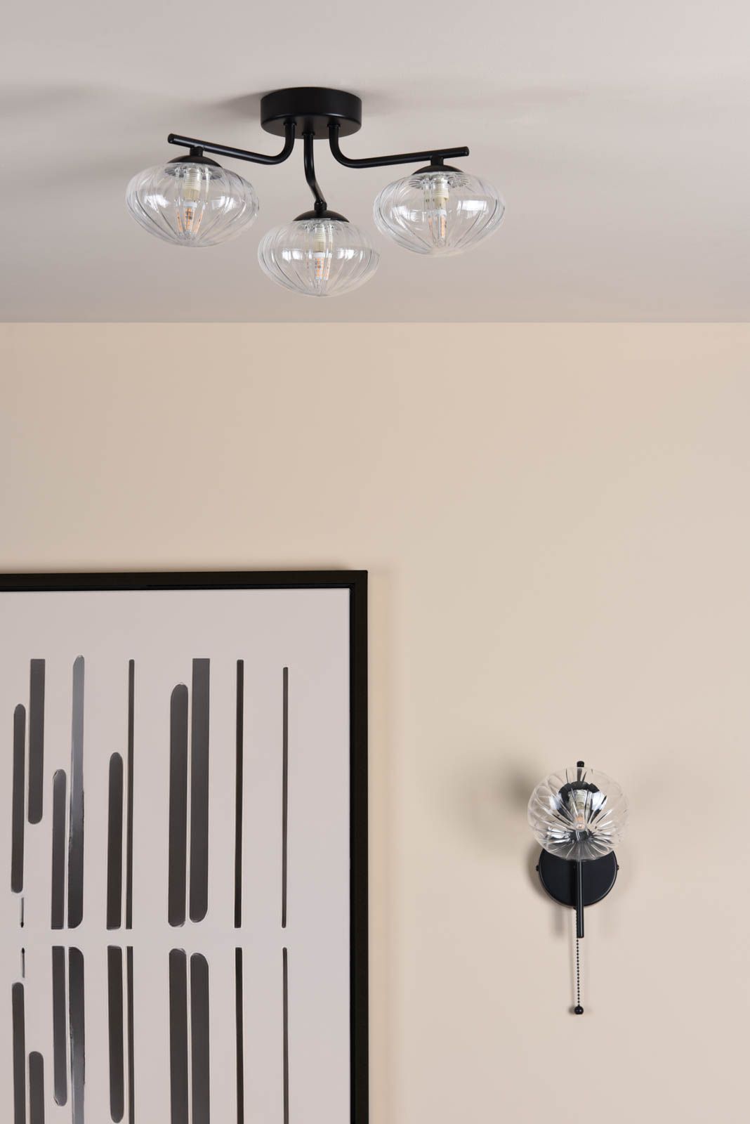 Ede 3 Light Semi-Flush Matt Black and Glass