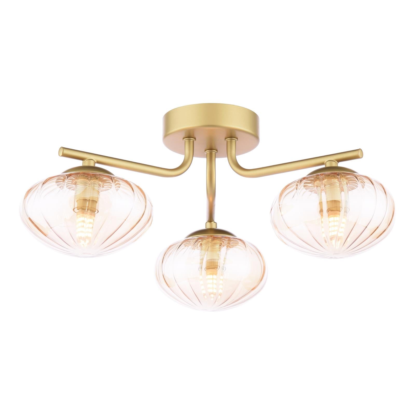 Ede 3 Light Semi-Flush Satin Gold and Amber Glass