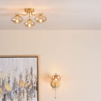 Ede 3 Light Semi-Flush Satin Gold and Amber Glass