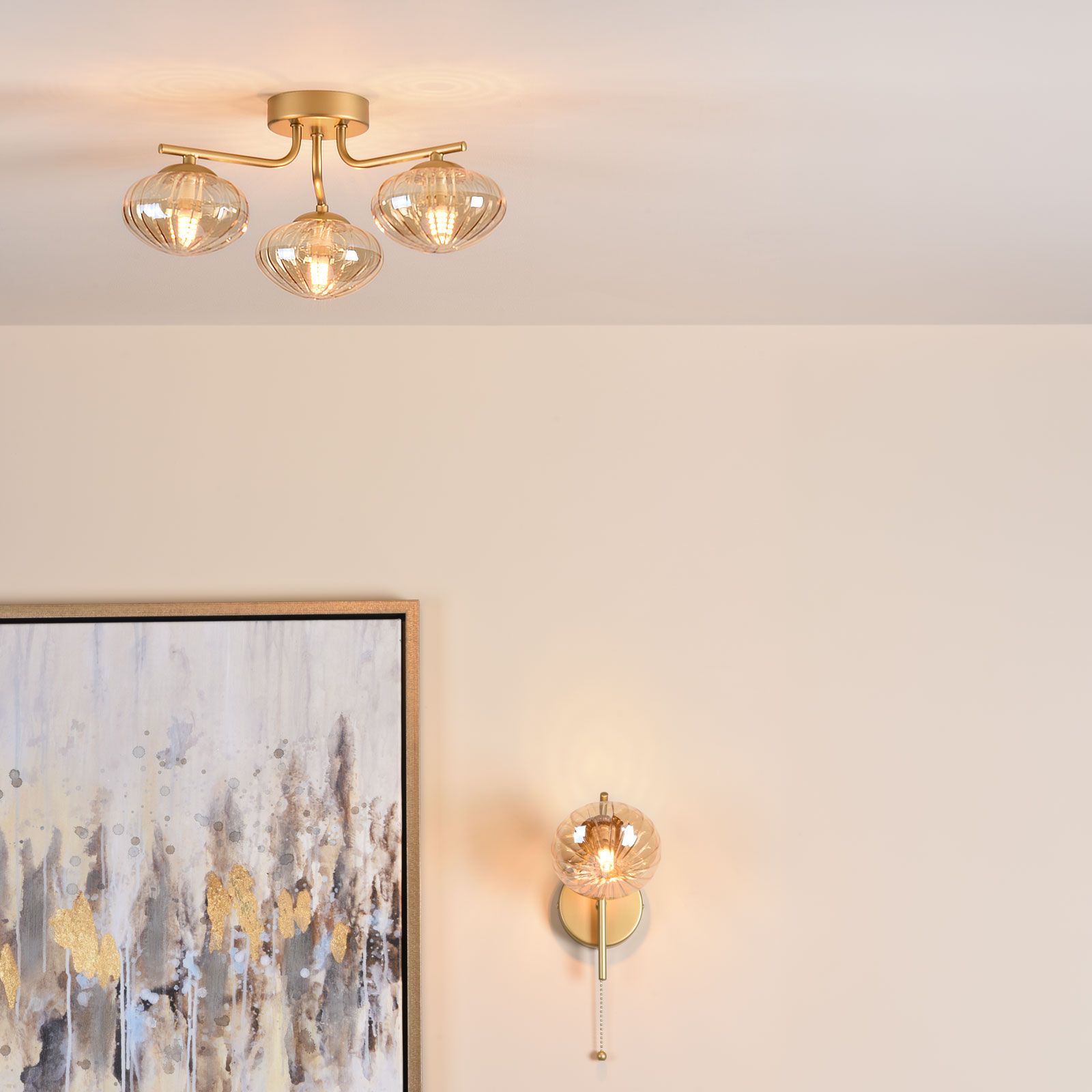 Ede 3 Light Semi-Flush Satin Gold and Amber Glass