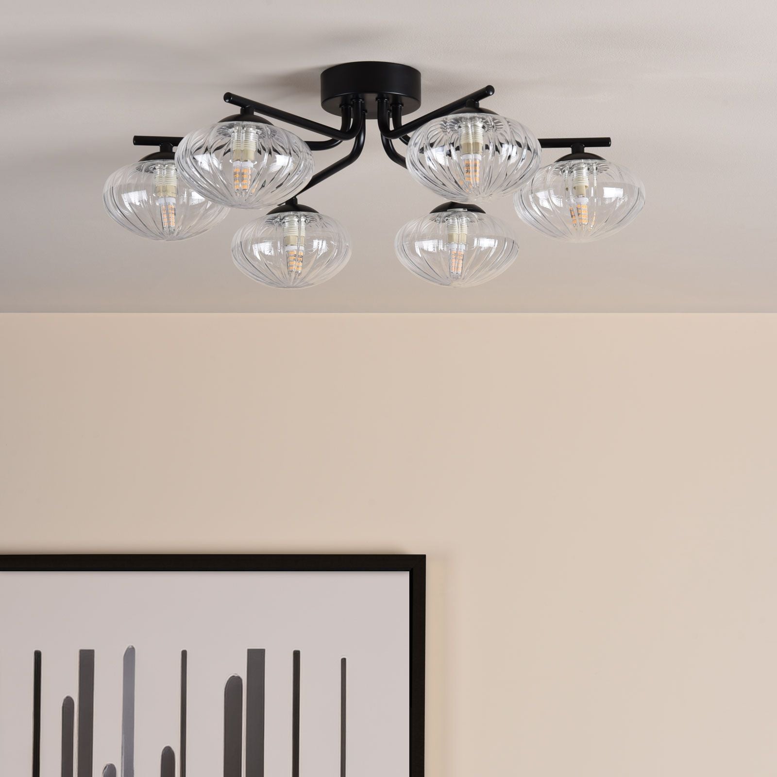Ede 6 Light Semi-Flush Matt Black and Glass