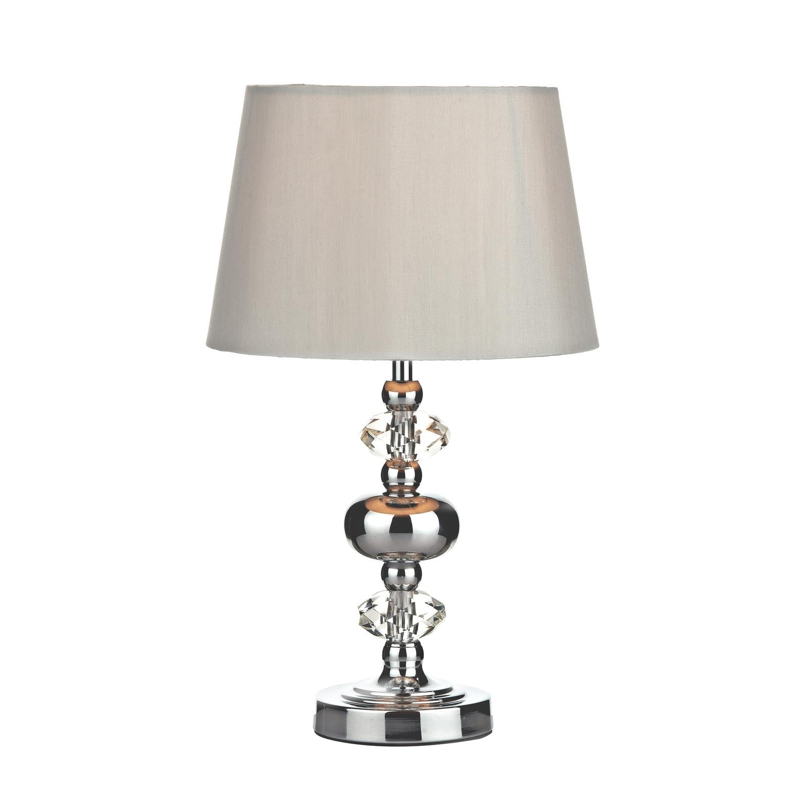 Chrome touch table lamp with fabric shade and glass detail