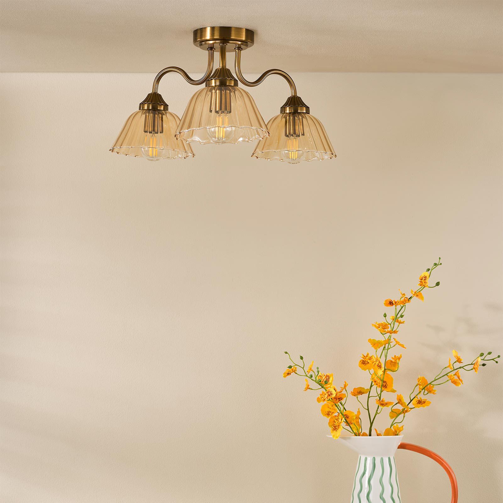Erika 3 Light Semi-Flush Antique Bronze and Amber Glass
