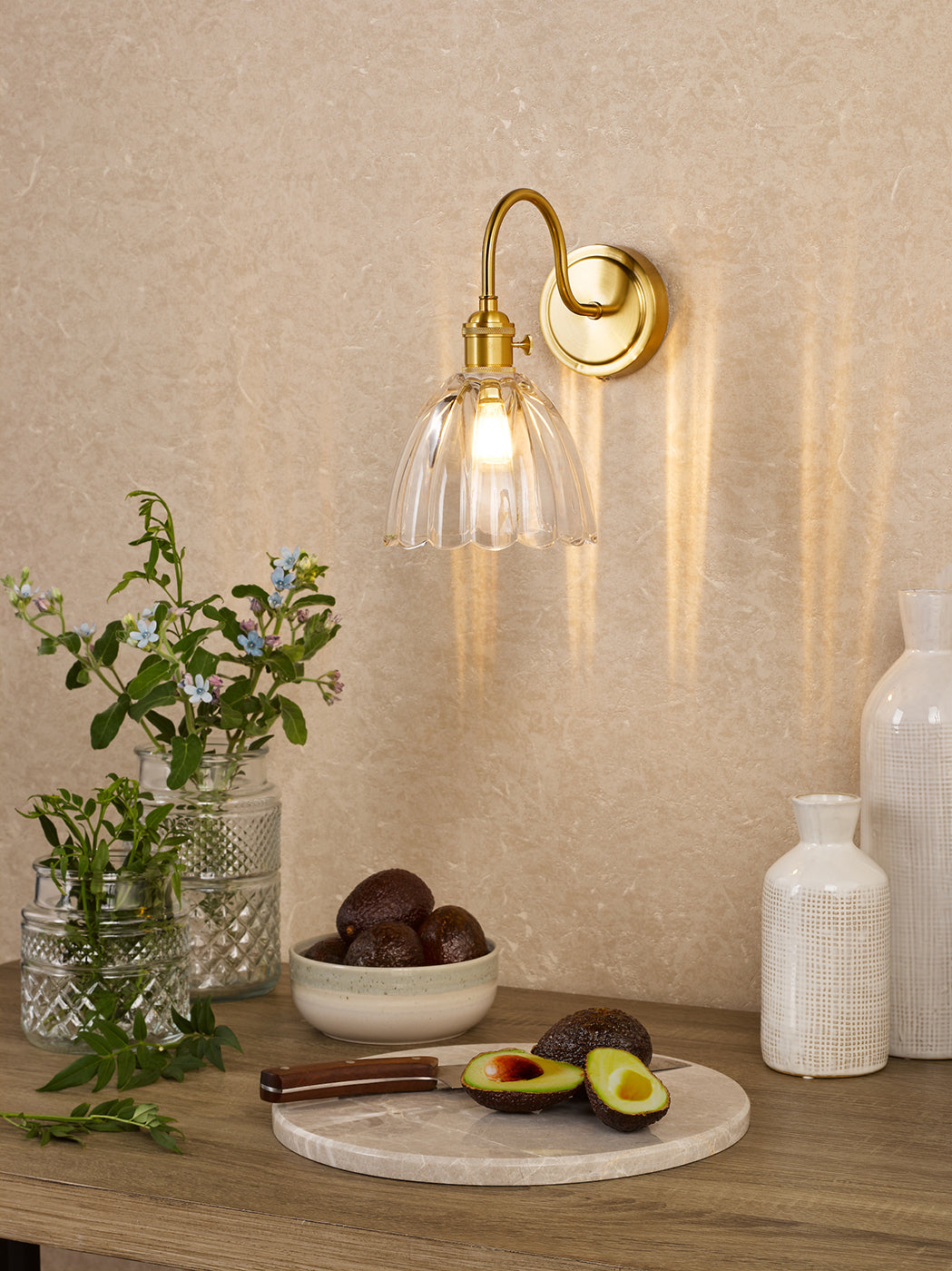 Hadano Wall Light Natural Brass and Scalloped Bell Glass