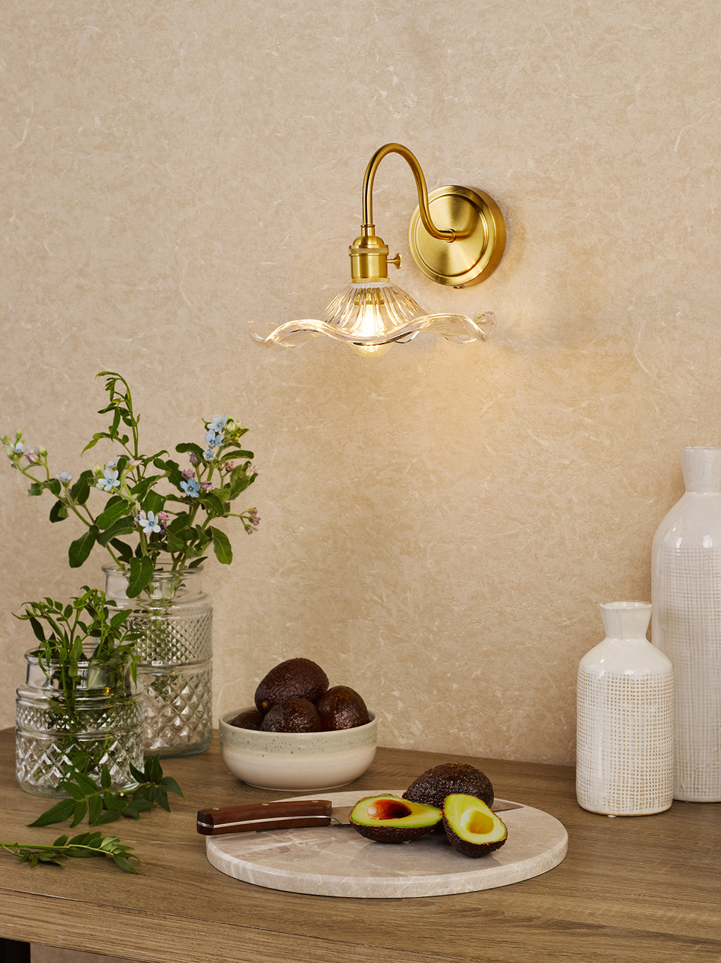 Hadano Wall Light Natural Brass and Wavy Glass