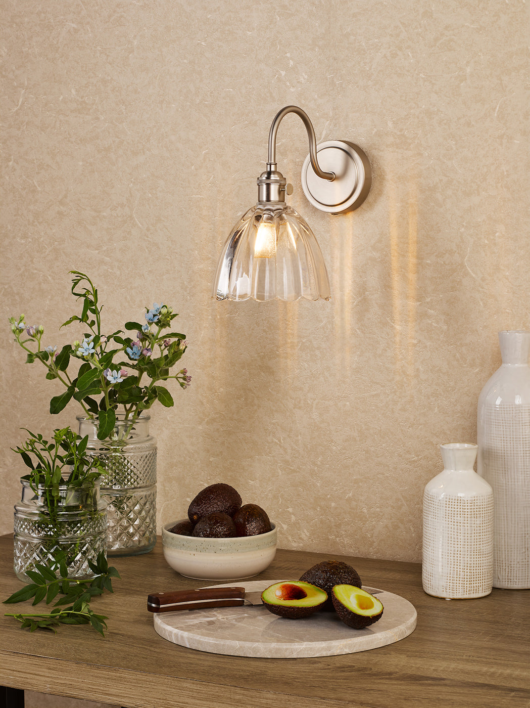 Hadano Wall Light Antique Chrome and Scalloped Bell Glass