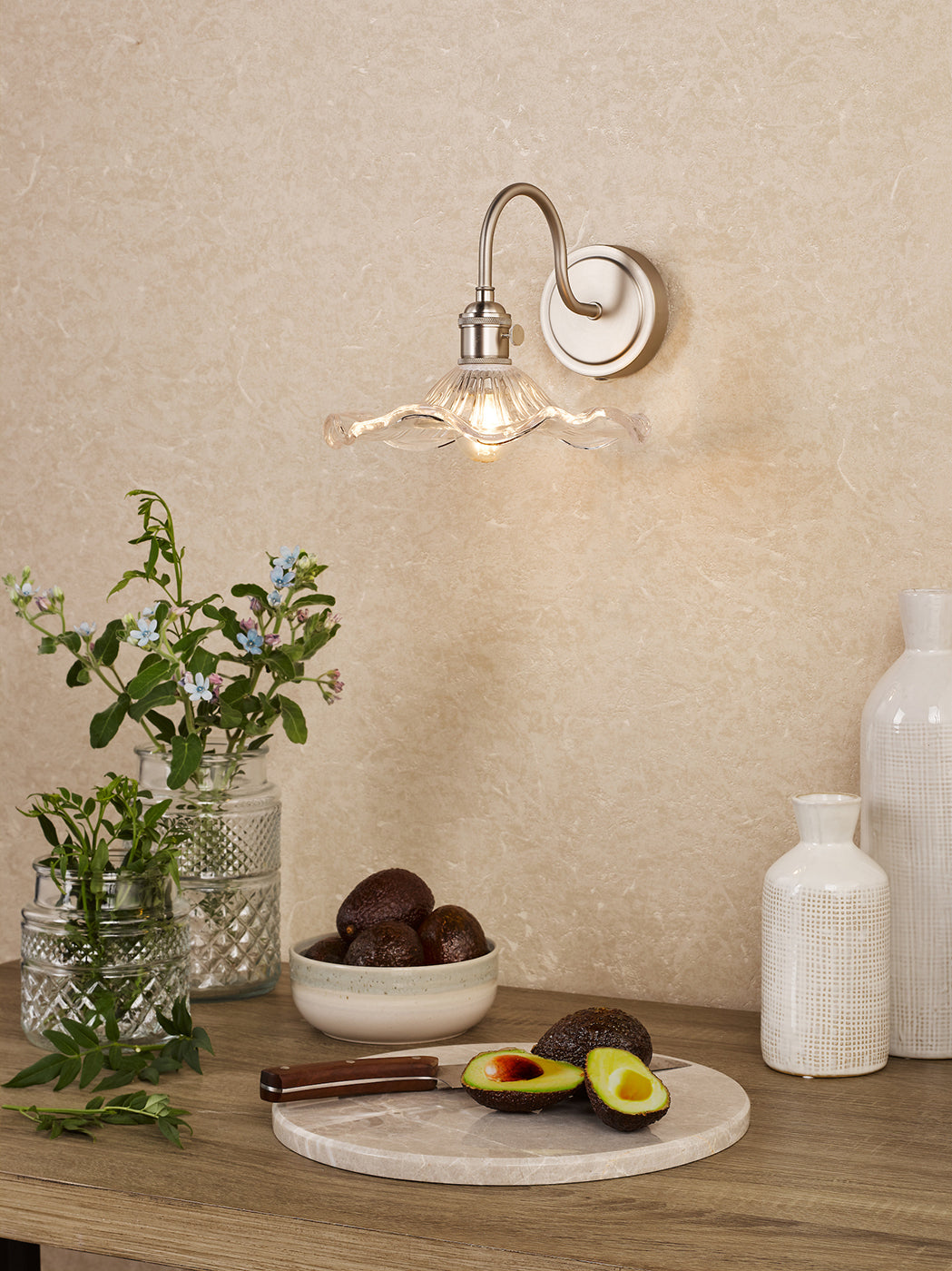 Hadano Wall Light Antique Chrome and Wavy Glass