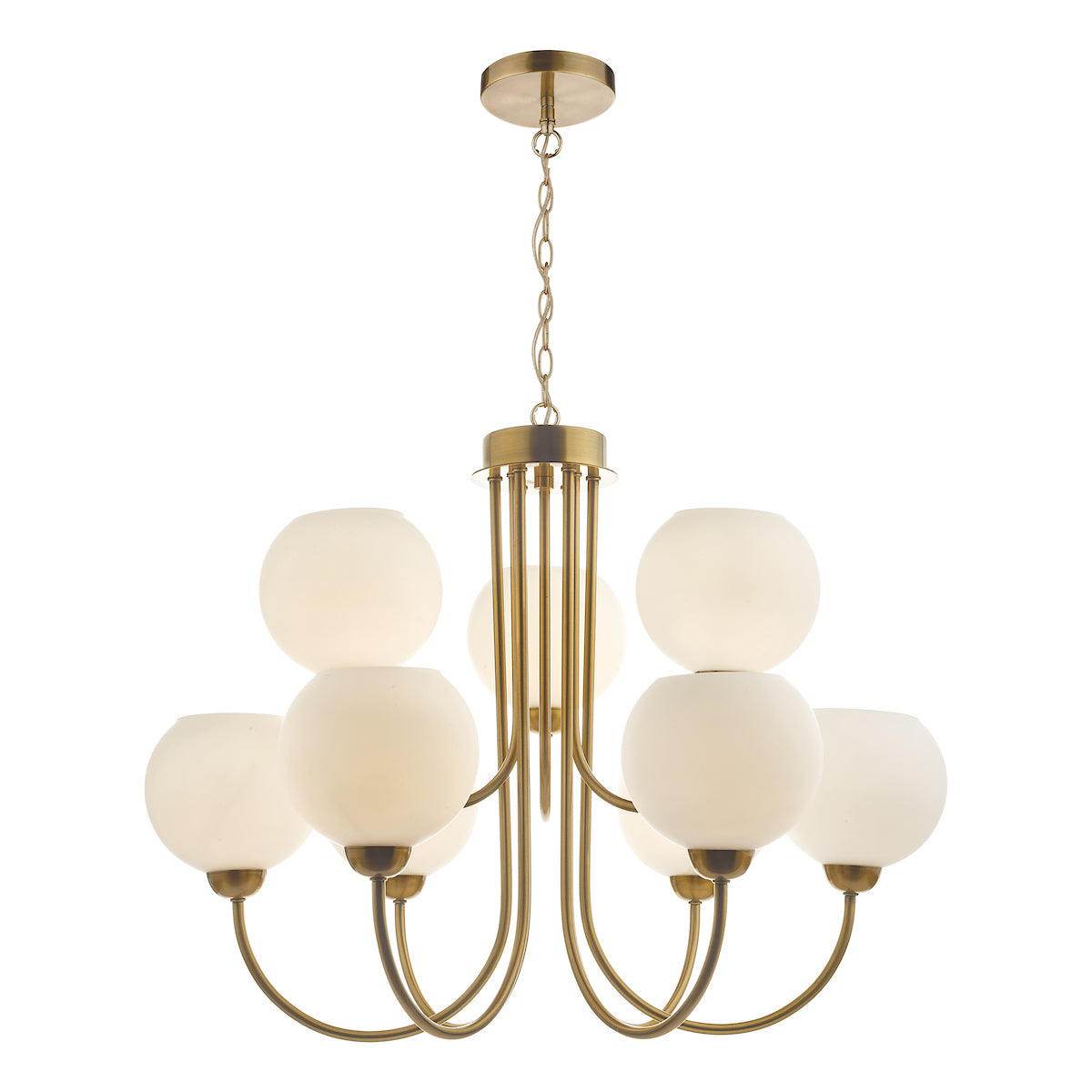 Indra Opal Glass Globe 9 Light Pendant Natural Brass