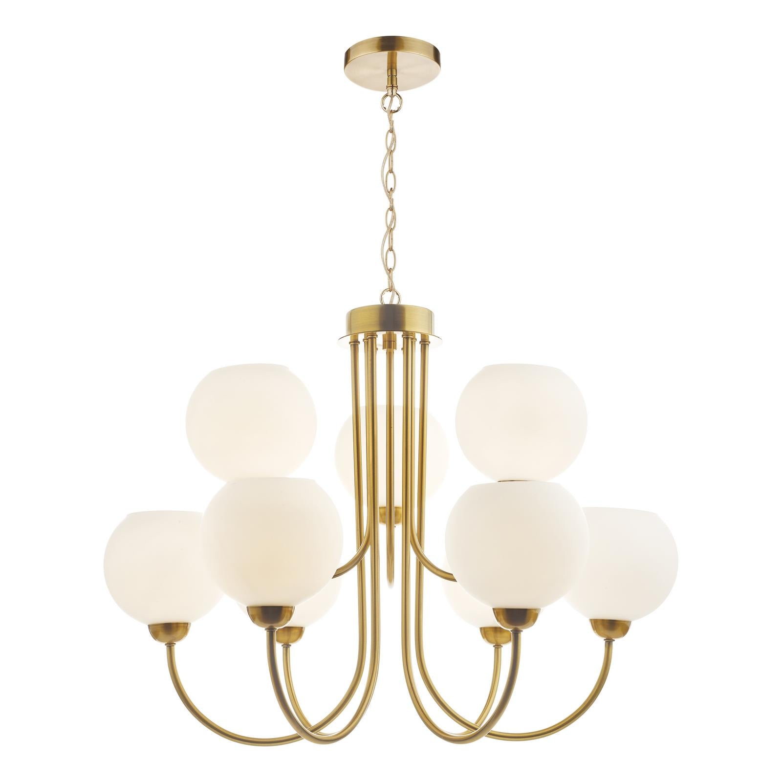Indra Opal Glass Globe 9 Light Pendant Natural Brass