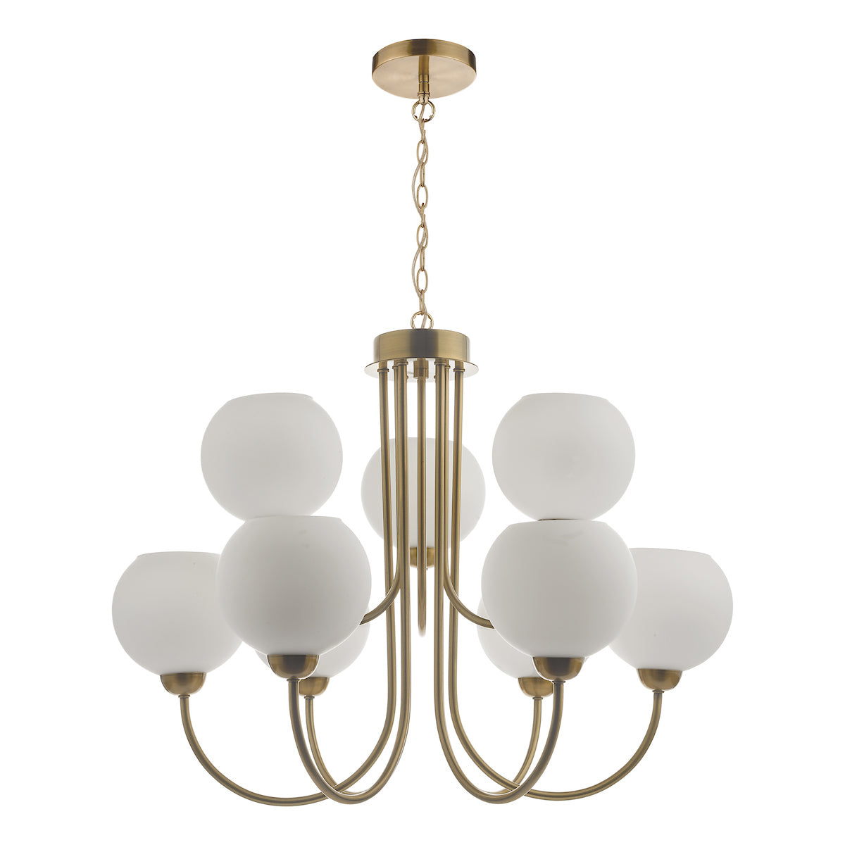Indra Opal Glass Globe 9 Light Pendant Natural Brass