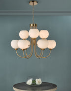 Indra Opal Glass Globe 9 Light Pendant Natural Brass