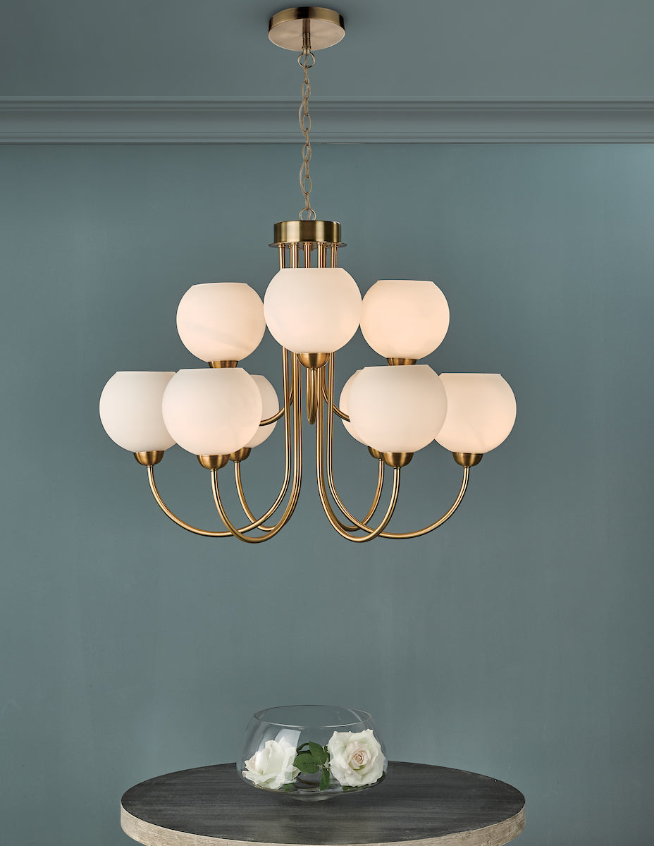 Indra Opal Glass Globe 9 Light Pendant Natural Brass