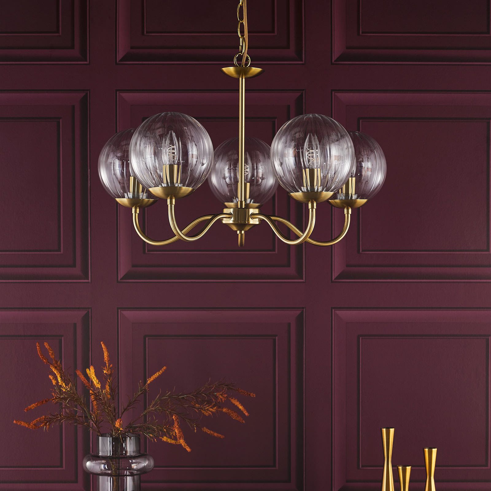 Jocelyn 5 Light Armed Pendant Natural Brass and Glass