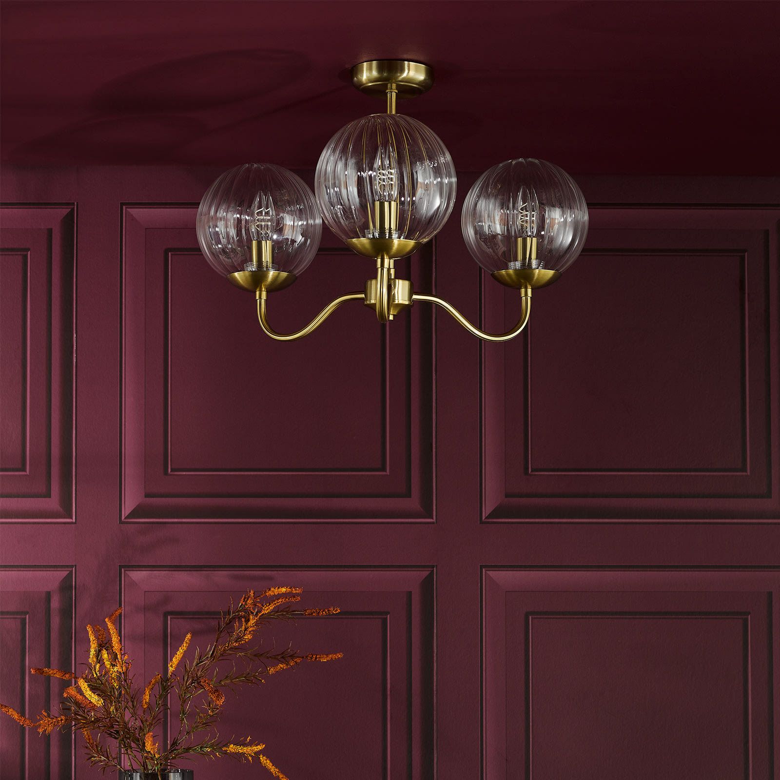 Jocelyn 3 Light Semi-Flush Natural Brass and Glass