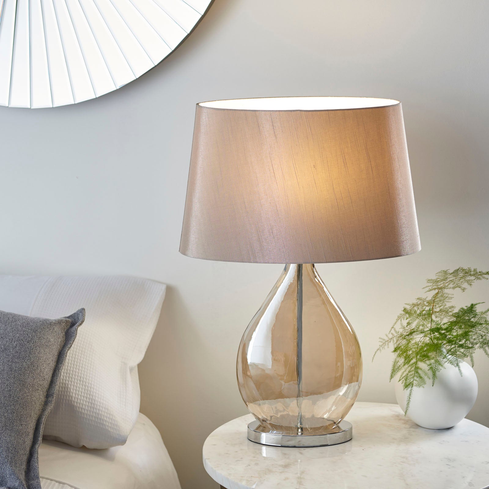 Kew 1-Light Gold Tinted Glass Table Lamp with Mink Faux Silk Shade