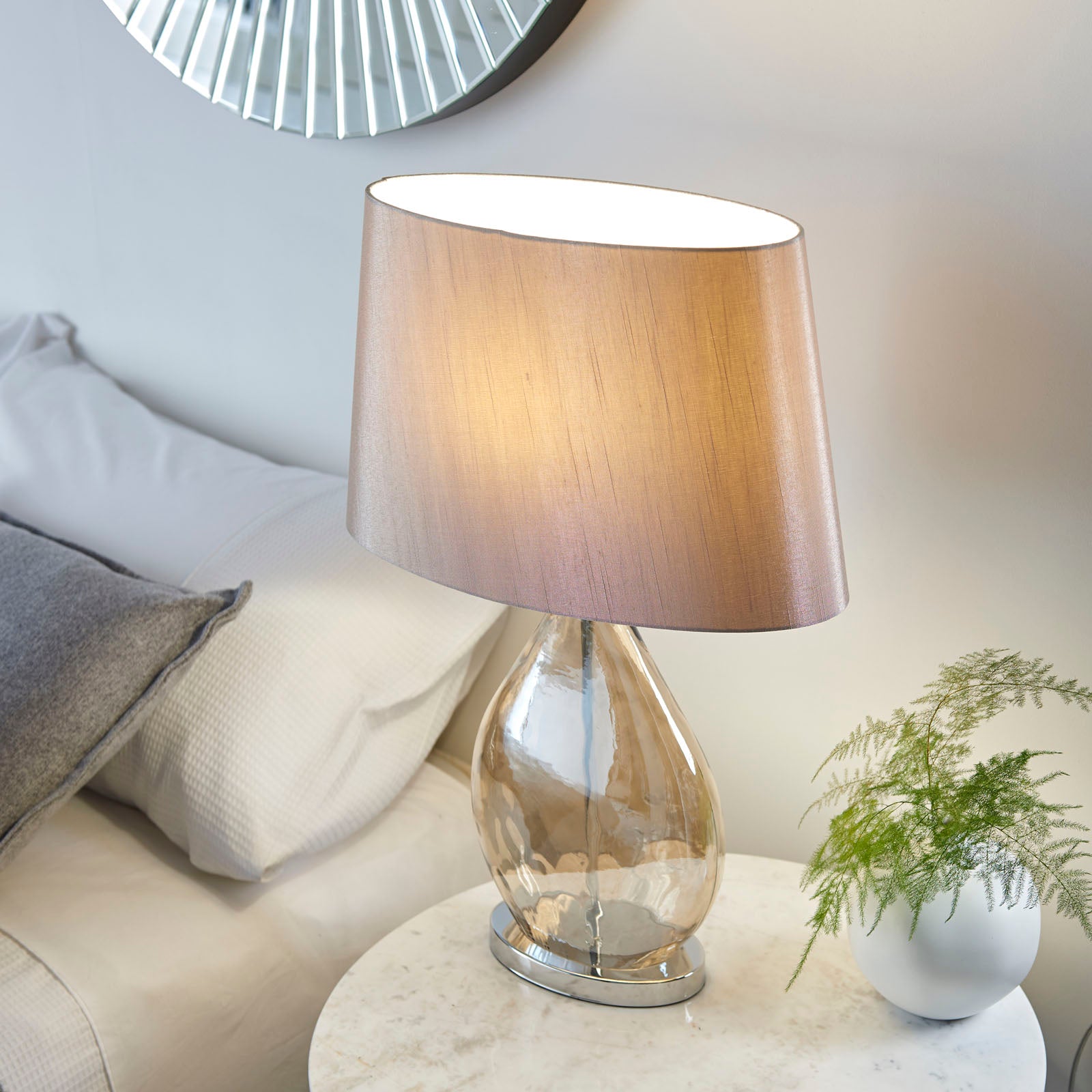 Kew 1-Light Gold Tinted Glass Table Lamp with Mink Faux Silk Shade