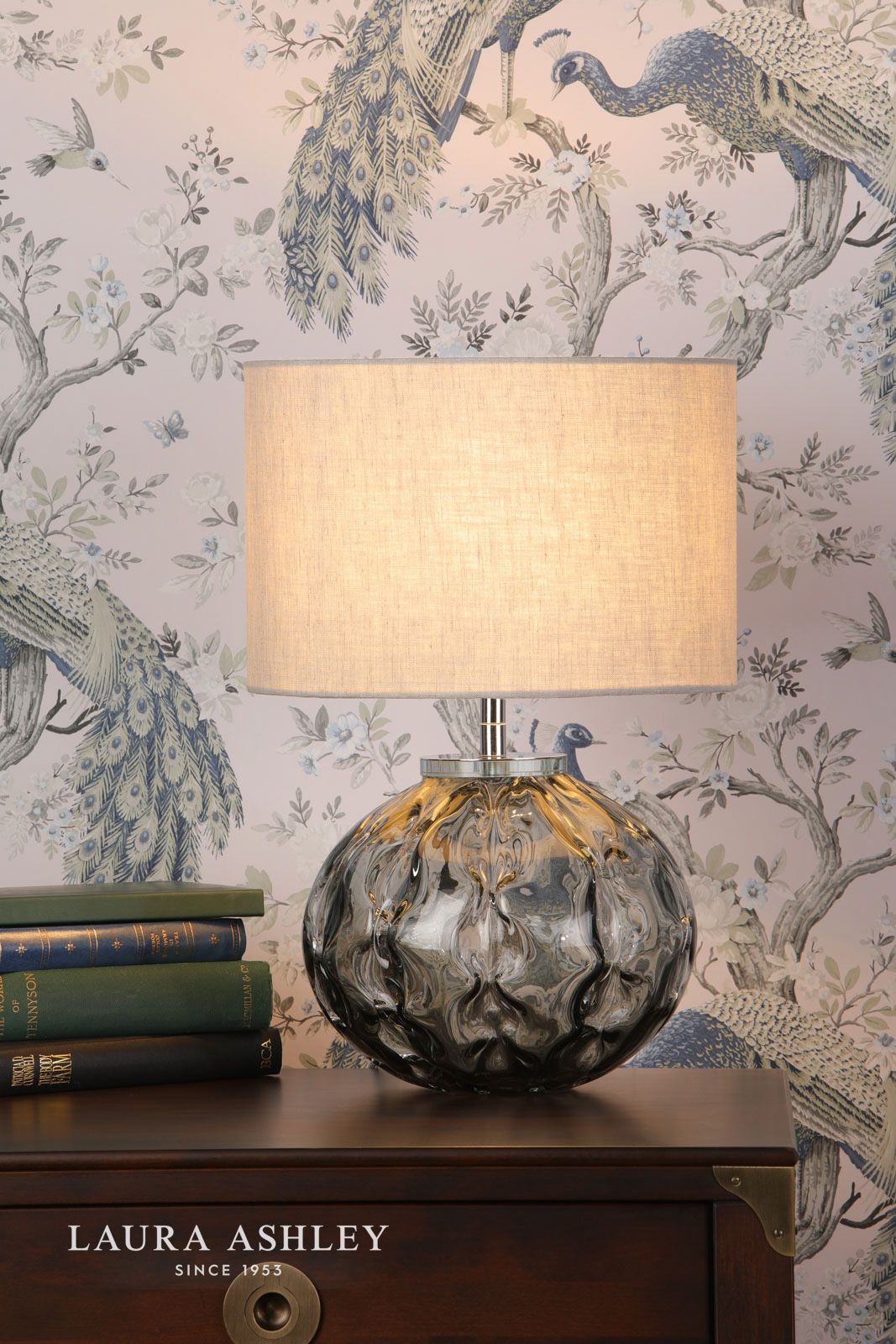 Laura Ashley Elderdale Table Lamp Smoked Glass & Polished Chrome With Shade