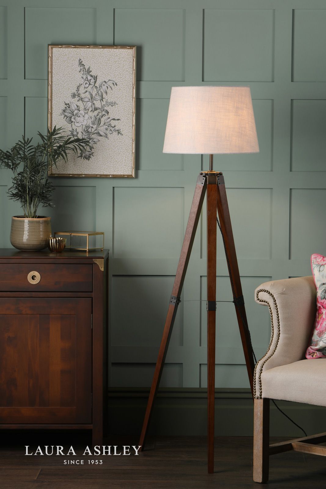 Laura Ashley Burdale Tripod Floor Lamp Dark Wood & Industrial Brass Base Only