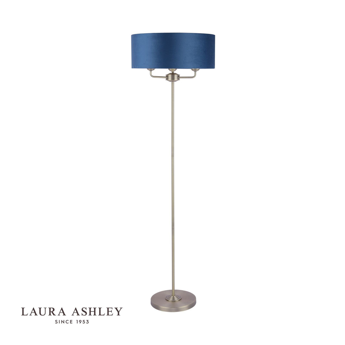 Laura Ashley Sorrento 3 Light Floor Lamp Matt Antique Brass & Blue Shade