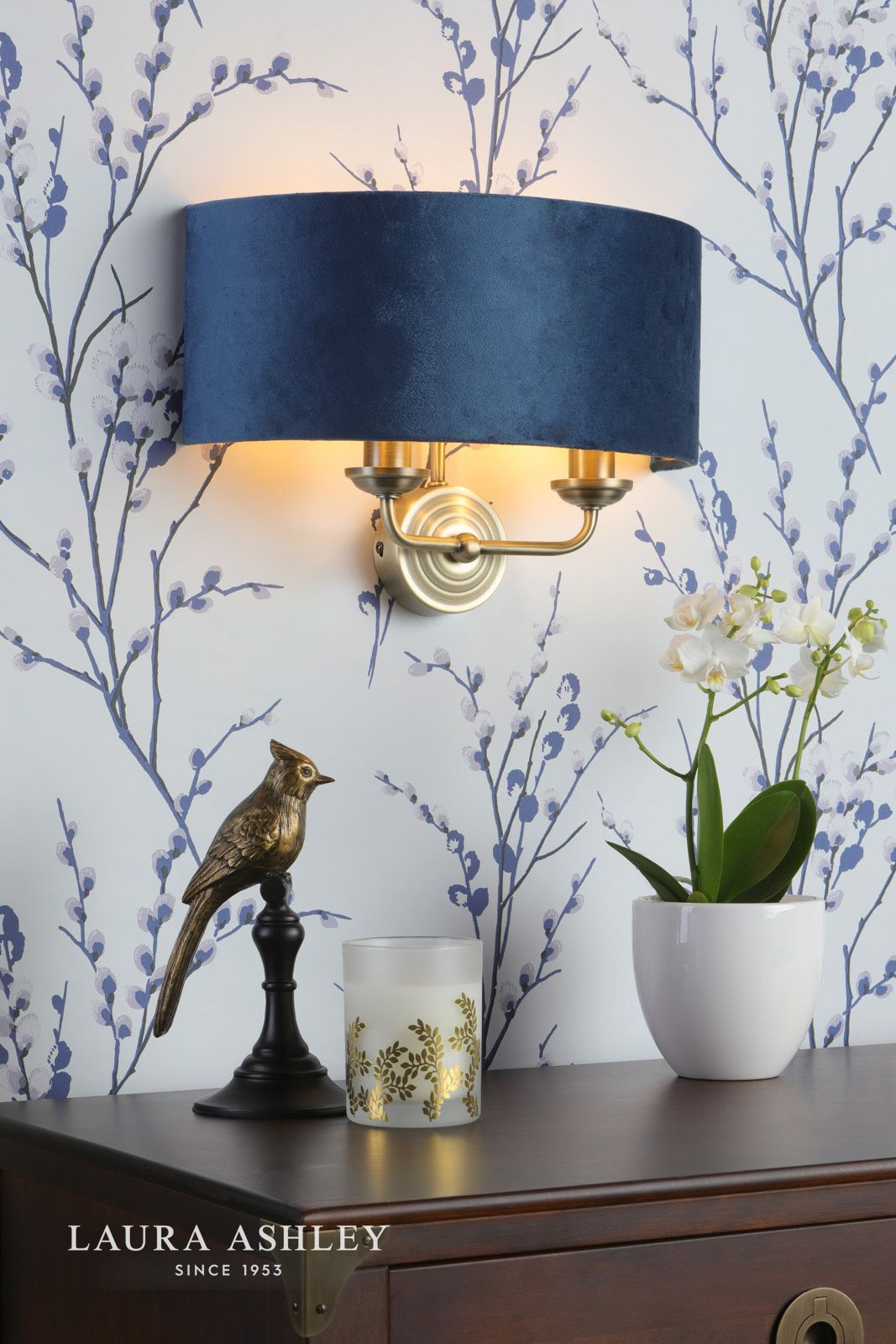 Laura Ashley Sorrento 2 Light Wall Light Matt Antique Brass & Blue Shade