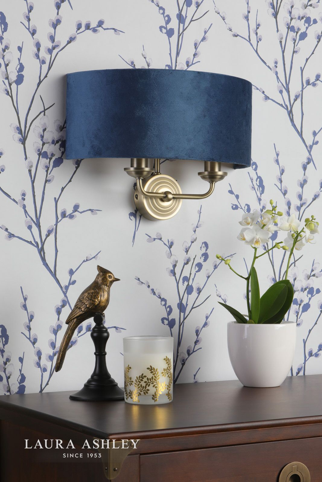 Laura Ashley Sorrento 2 Light Wall Light Matt Antique Brass & Blue Shade