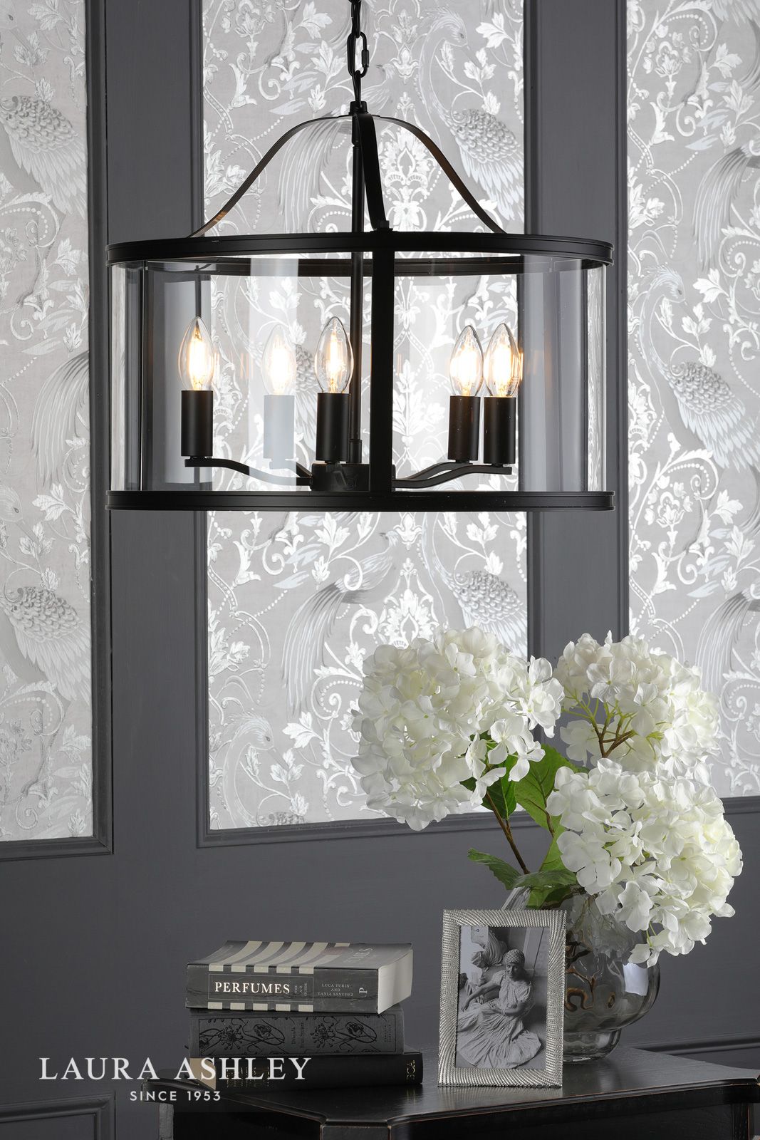Laura Ashley Harrington 5 Light Pendant Matt Black and Glass