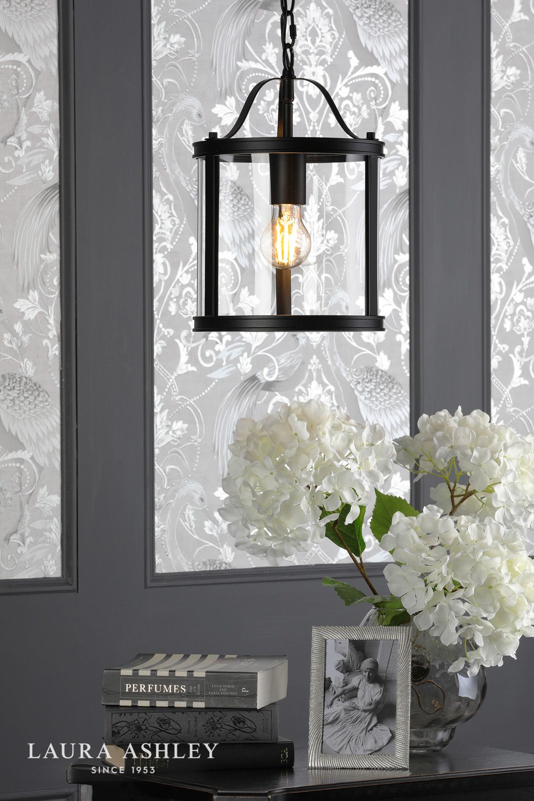 Laura Ashley Harrington Pendant Matt Black and Glass