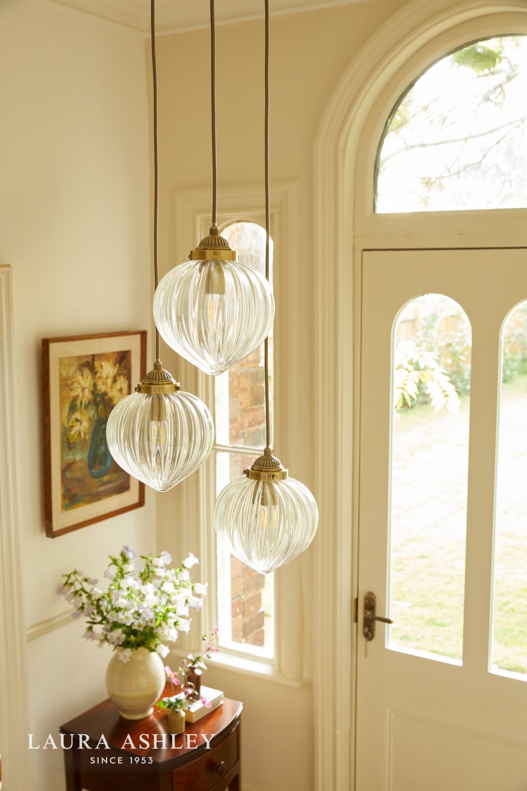 Laura Ashley Whitham 3 Light Cluster Pendant Antique Brass and Ribbed Glass