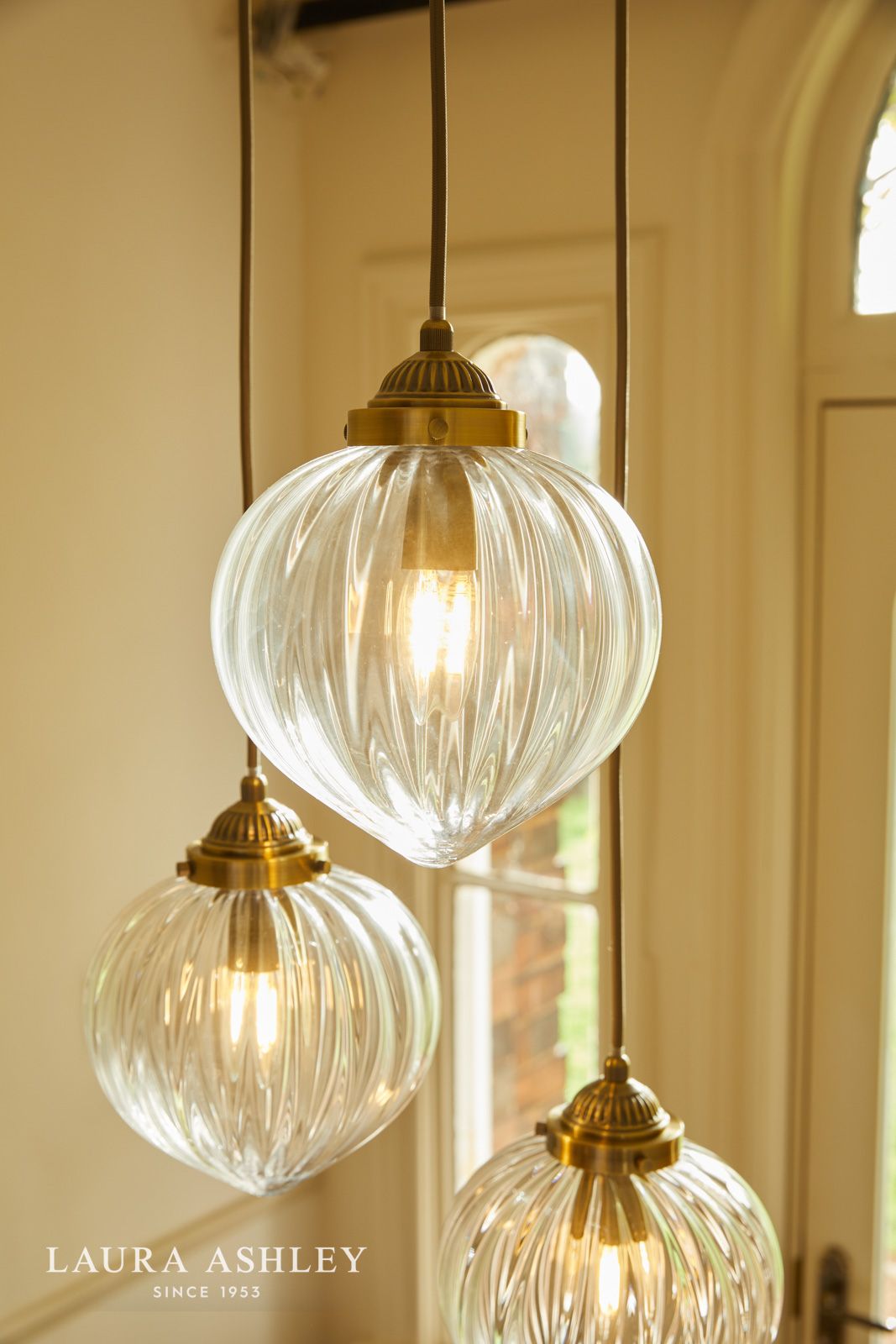 Laura Ashley Whitham 3 Light Cluster Pendant Antique Brass and Ribbed Glass
