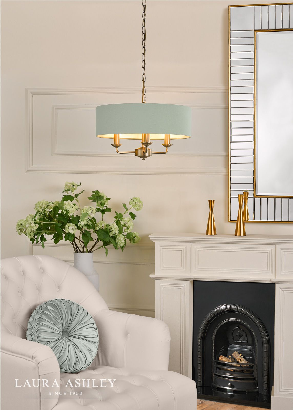 Laura Ashley Sorrento 3 Light Shadelier Matt Antique Brass and Green With Shade