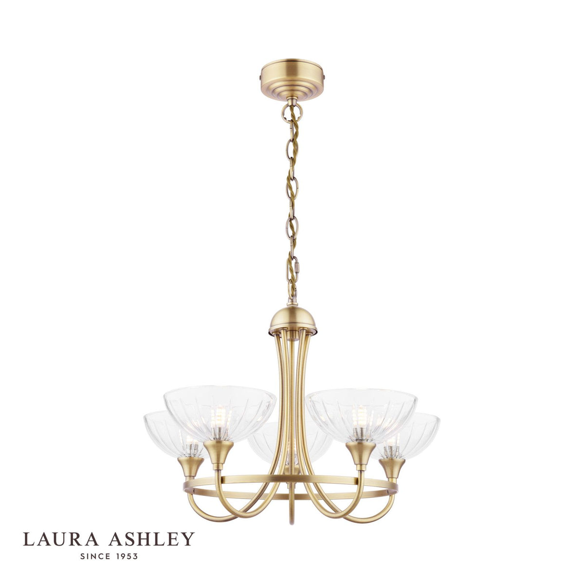 Laura Ashley Wellham 5 Light Armed Pendant Antique Brass and Ribbed Glass