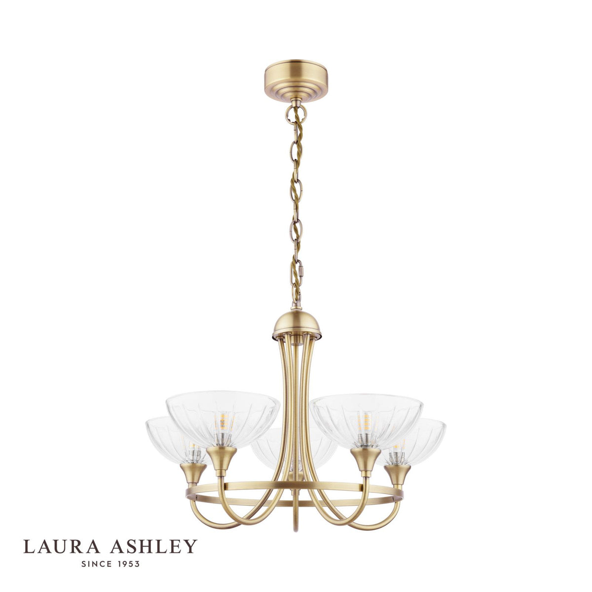 Laura Ashley Wellham 5 Light Armed Pendant Antique Brass and Ribbed Glass