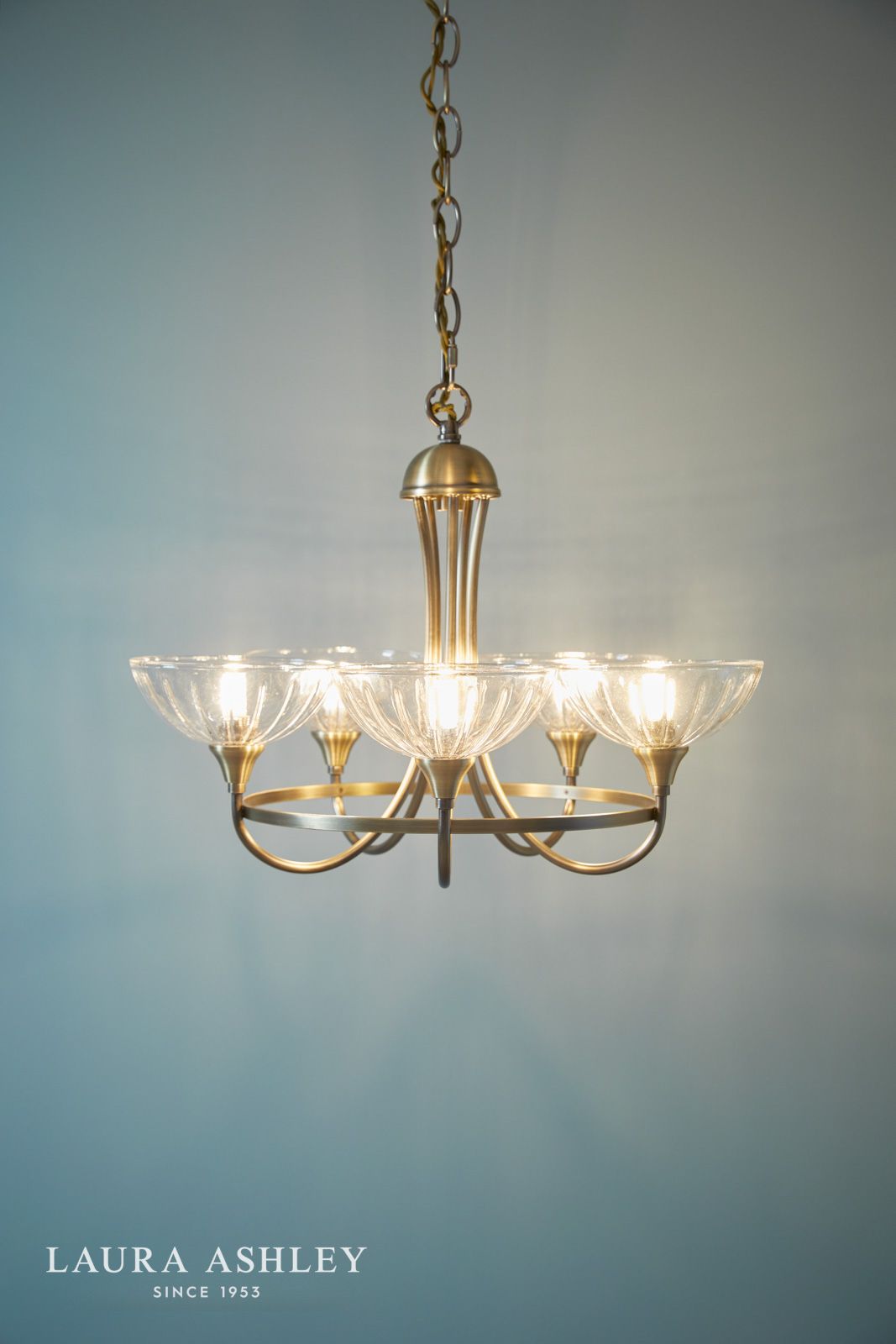 Laura Ashley Wellham 5 Light Armed Pendant Antique Brass and Ribbed Glass