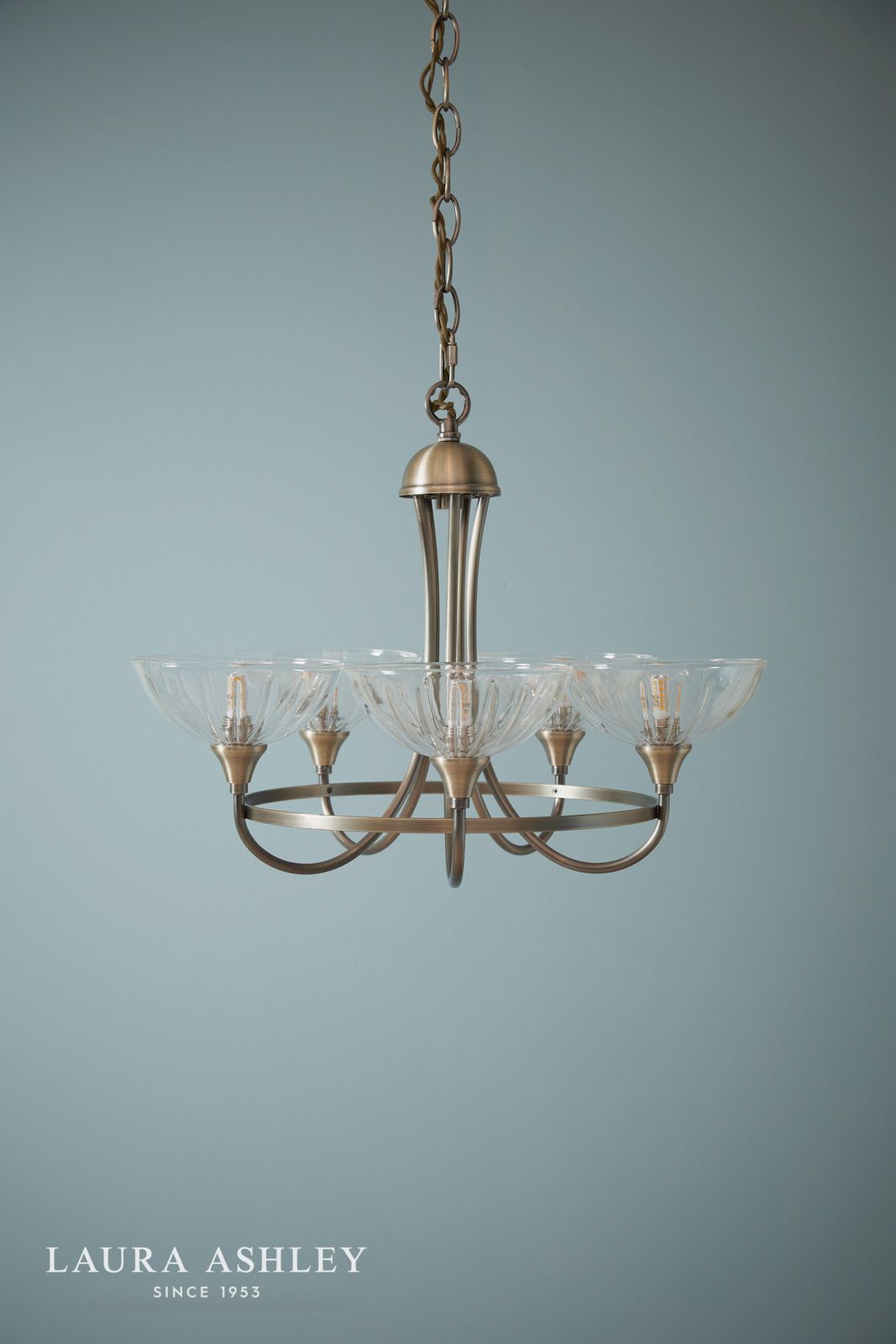 Laura Ashley Wellham 5 Light Armed Pendant Antique Brass and Ribbed Glass