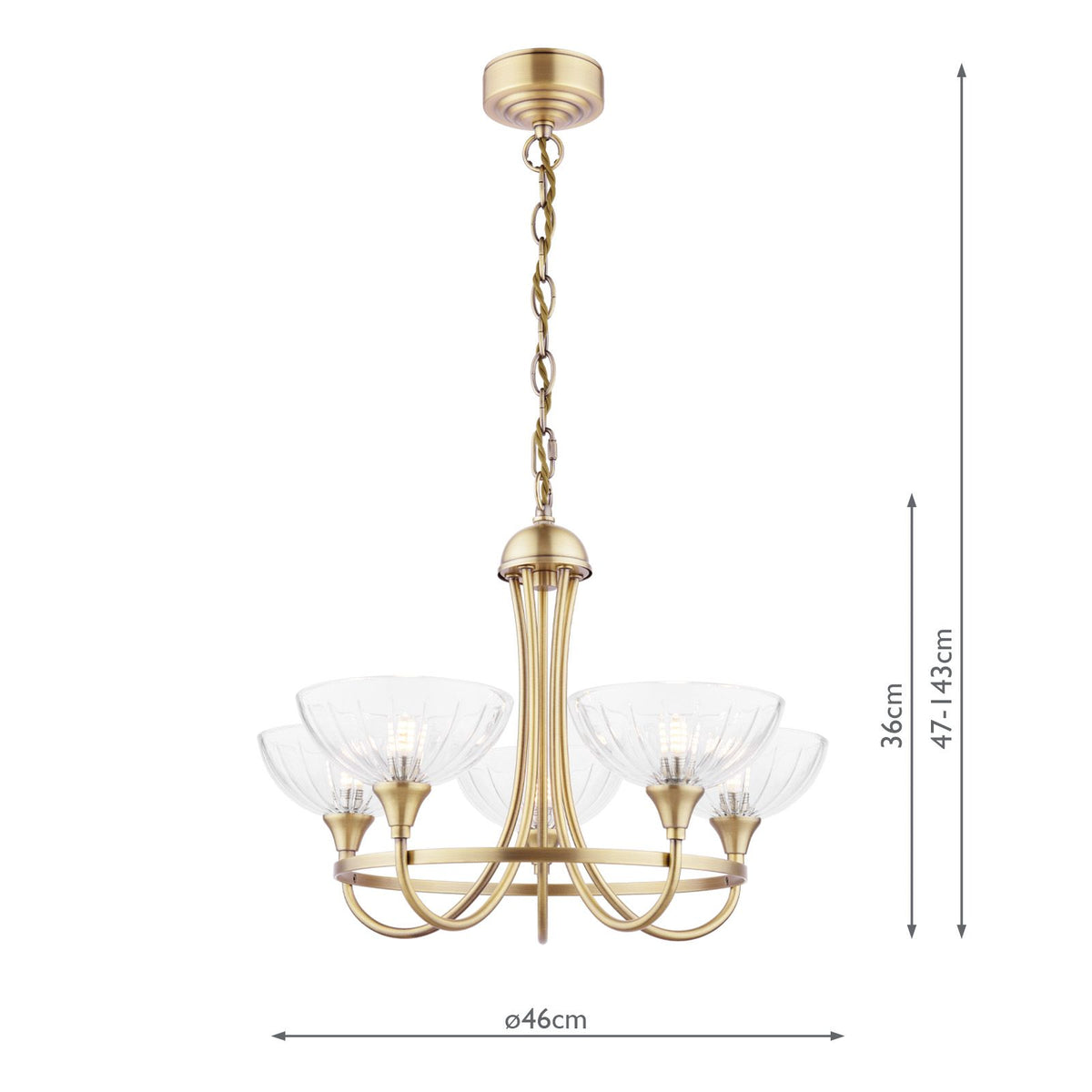 Laura Ashley Wellham 5 Light Armed Pendant Antique Brass and Ribbed Glass