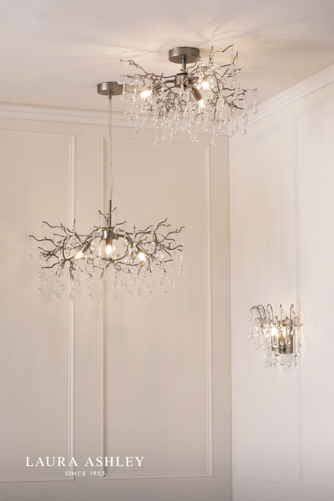 Laura Ashley Willow 3 Light Semi-Flush Satin Pewter and Crystal