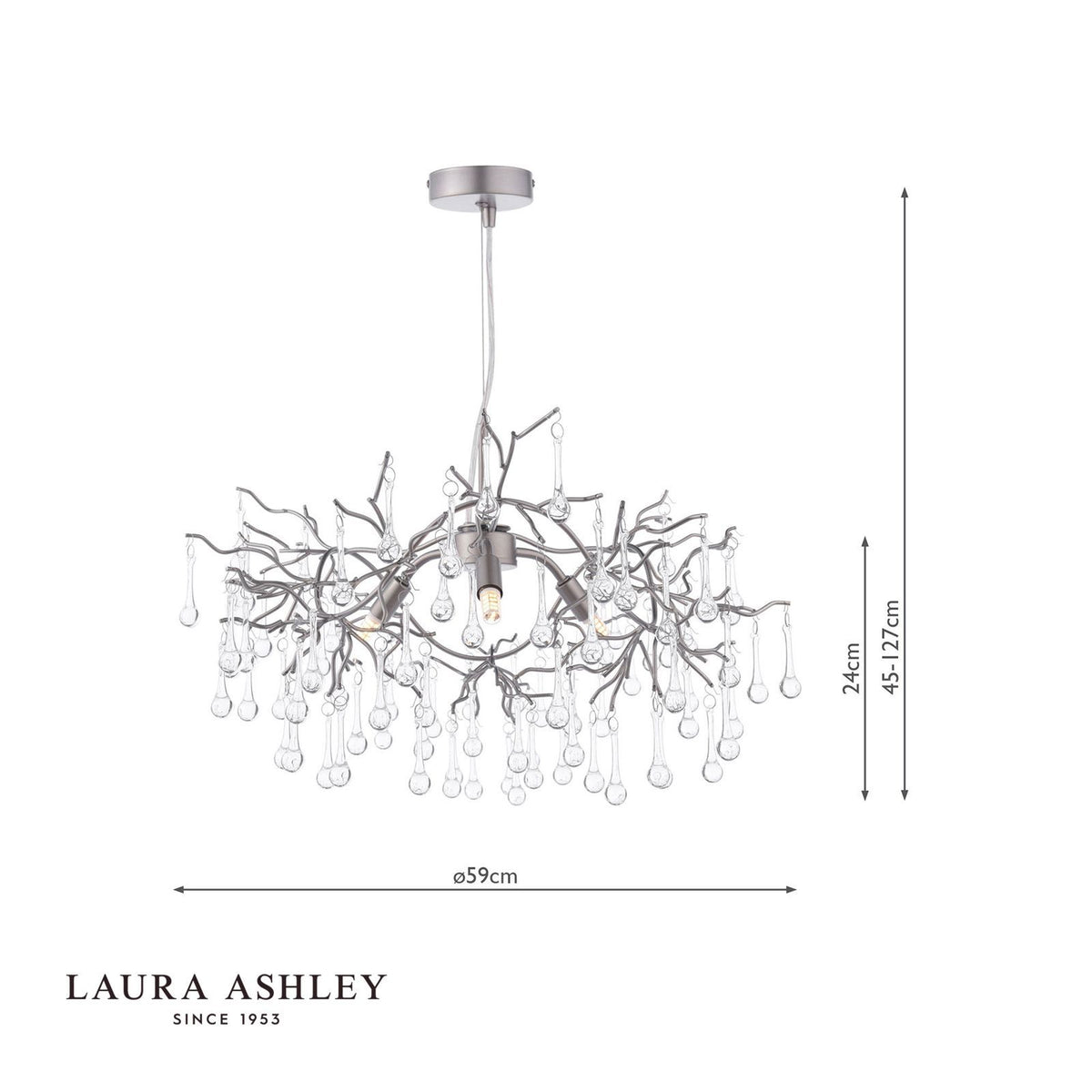 Laura Ashley Willow 3 Light Pendant Satin Pewter and Crystal