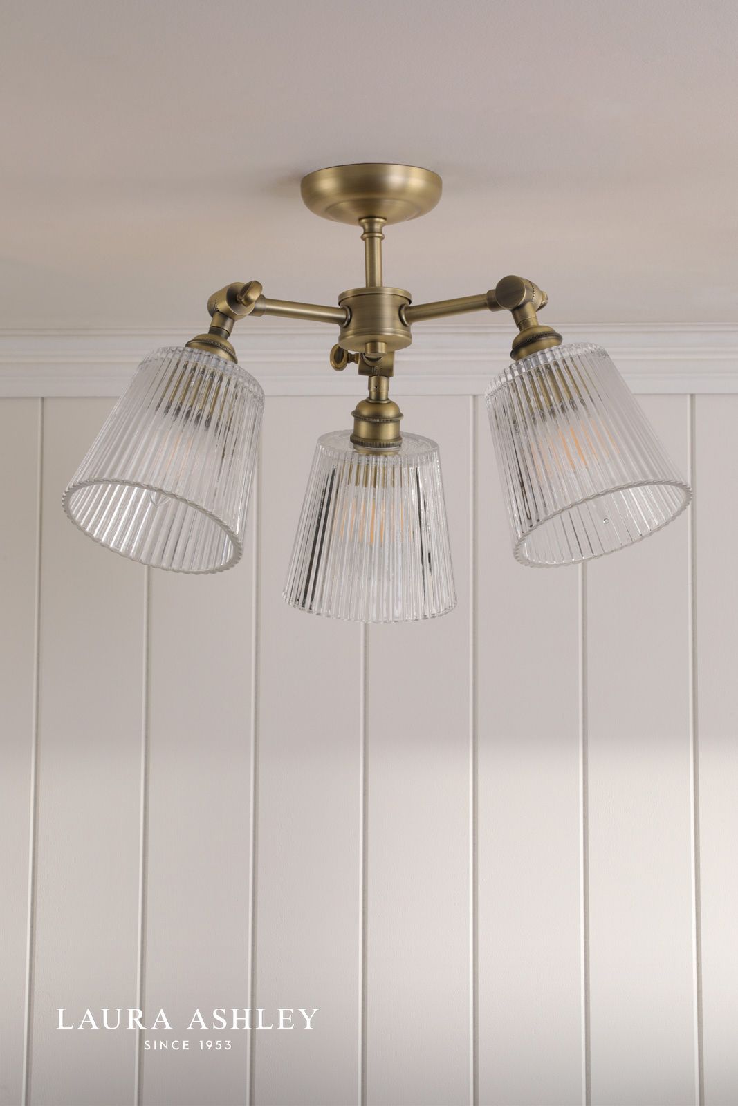 Laura Ashley Callaghan 3 Light Semi-Flush Matt Antique Brass and Ribbed Glass