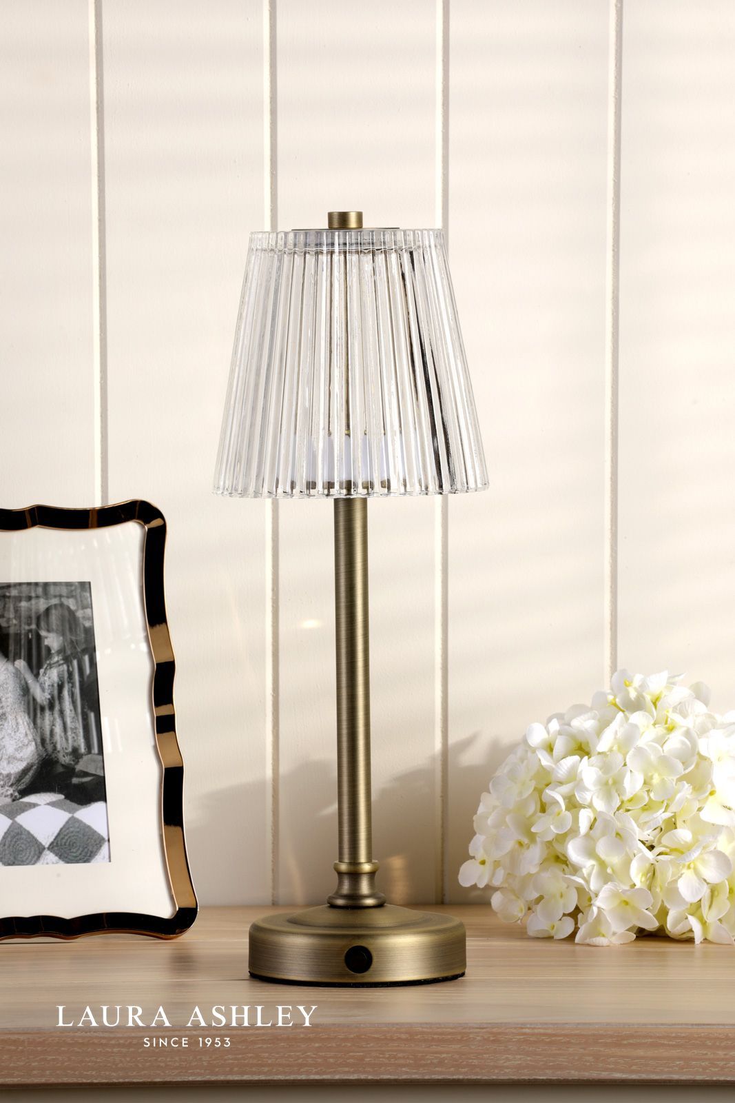 Laura Ashley Callaghan Rechargeable Table Lamp Matt Antique Brass and Ribbed Glass LED