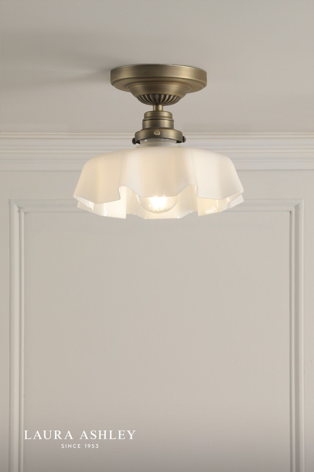 Laura Ashley Banham Semi-Flush Matt Antique Brass and White Glass