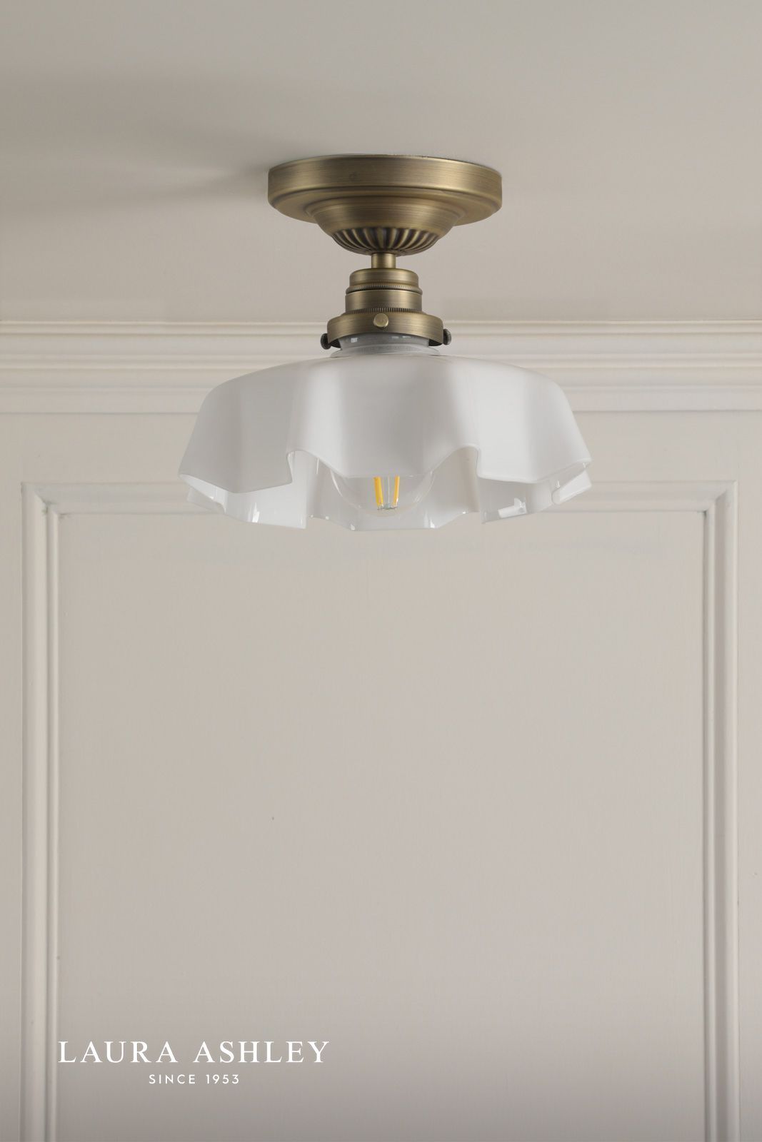 Laura Ashley Banham Semi-Flush Matt Antique Brass and White Glass