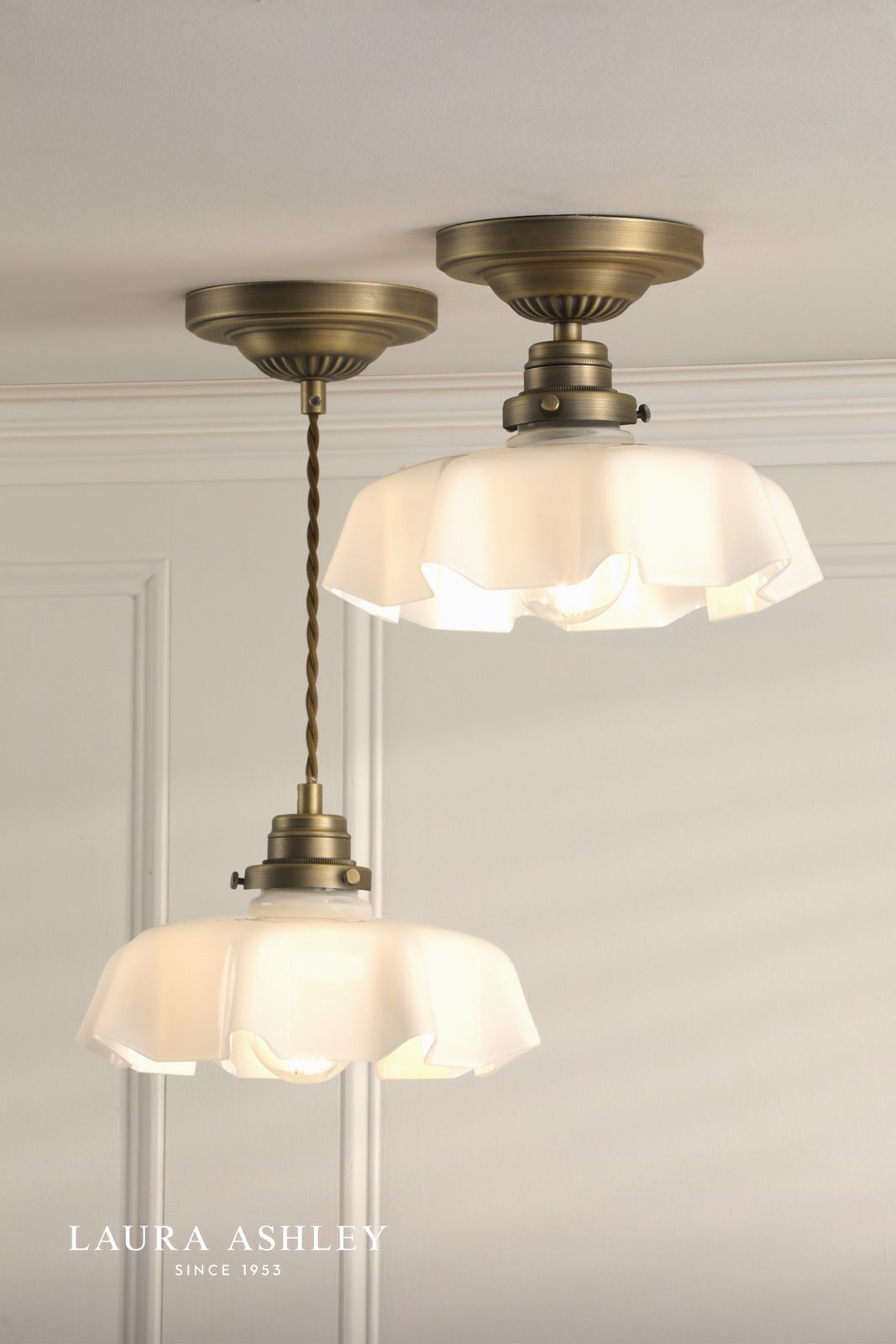 Laura Ashley Banham Semi-Flush Matt Antique Brass and White Glass