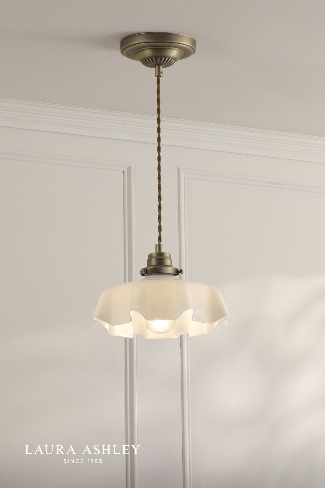 Laura Ashley Banham Pendant Matt Antique Brass and White Glass