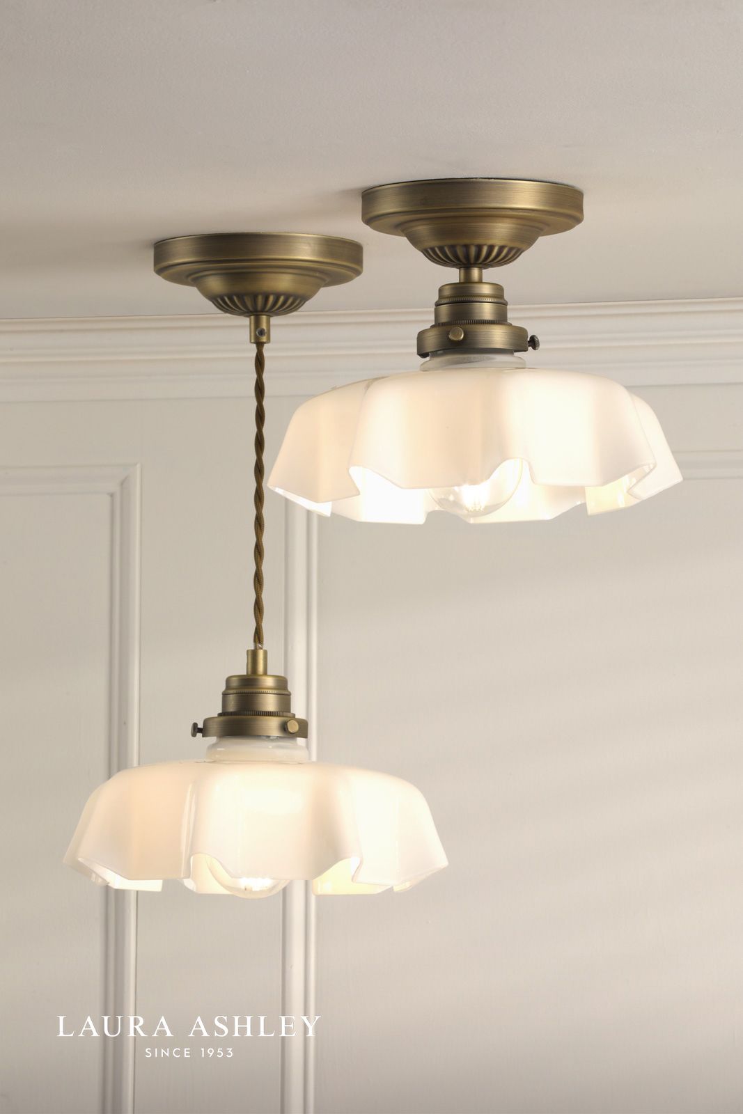 Laura Ashley Banham Pendant Matt Antique Brass and White Glass