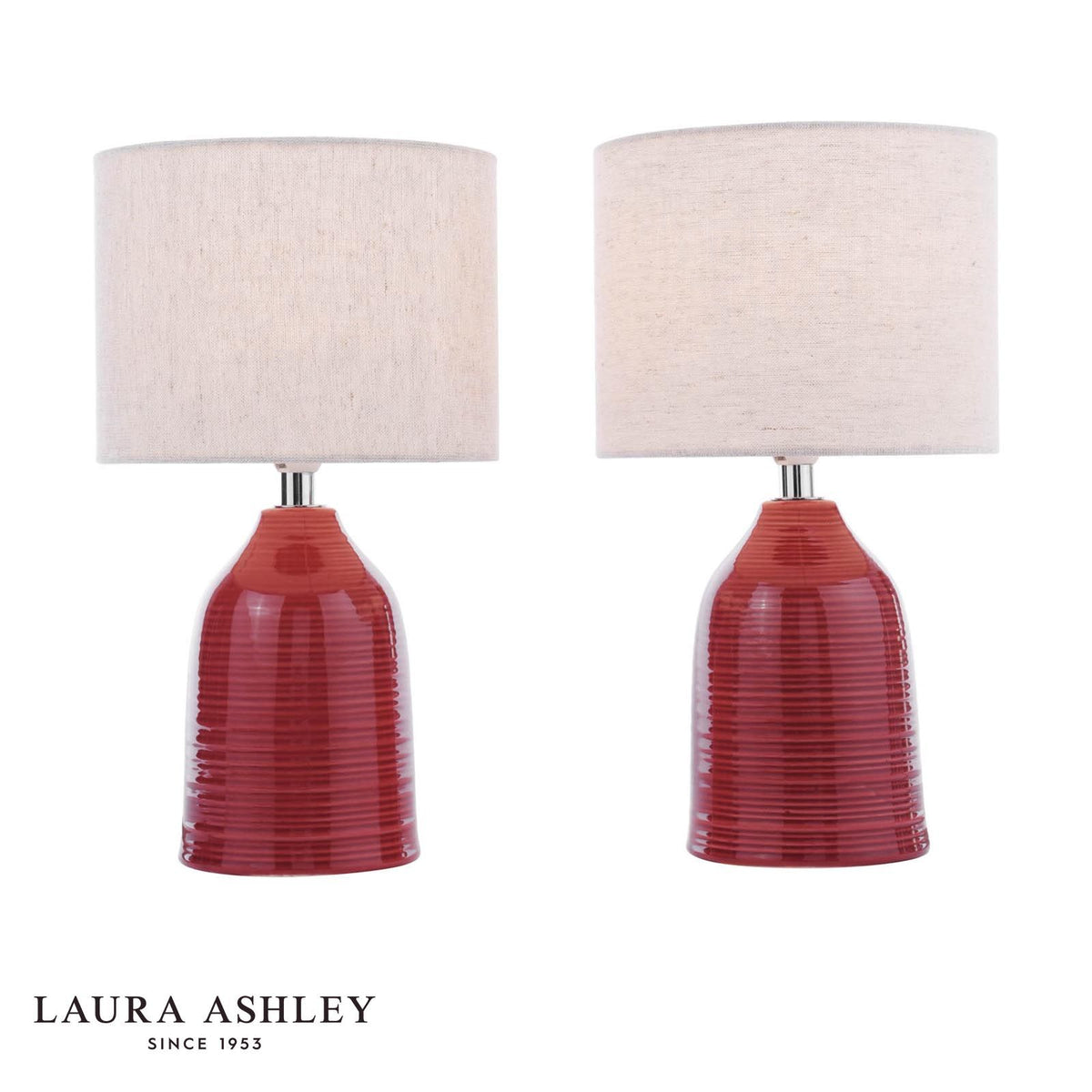 Laura Ashley Penny Table Lamp Red Ceramic and Polished Chrome With Shade (Twin Pack)
