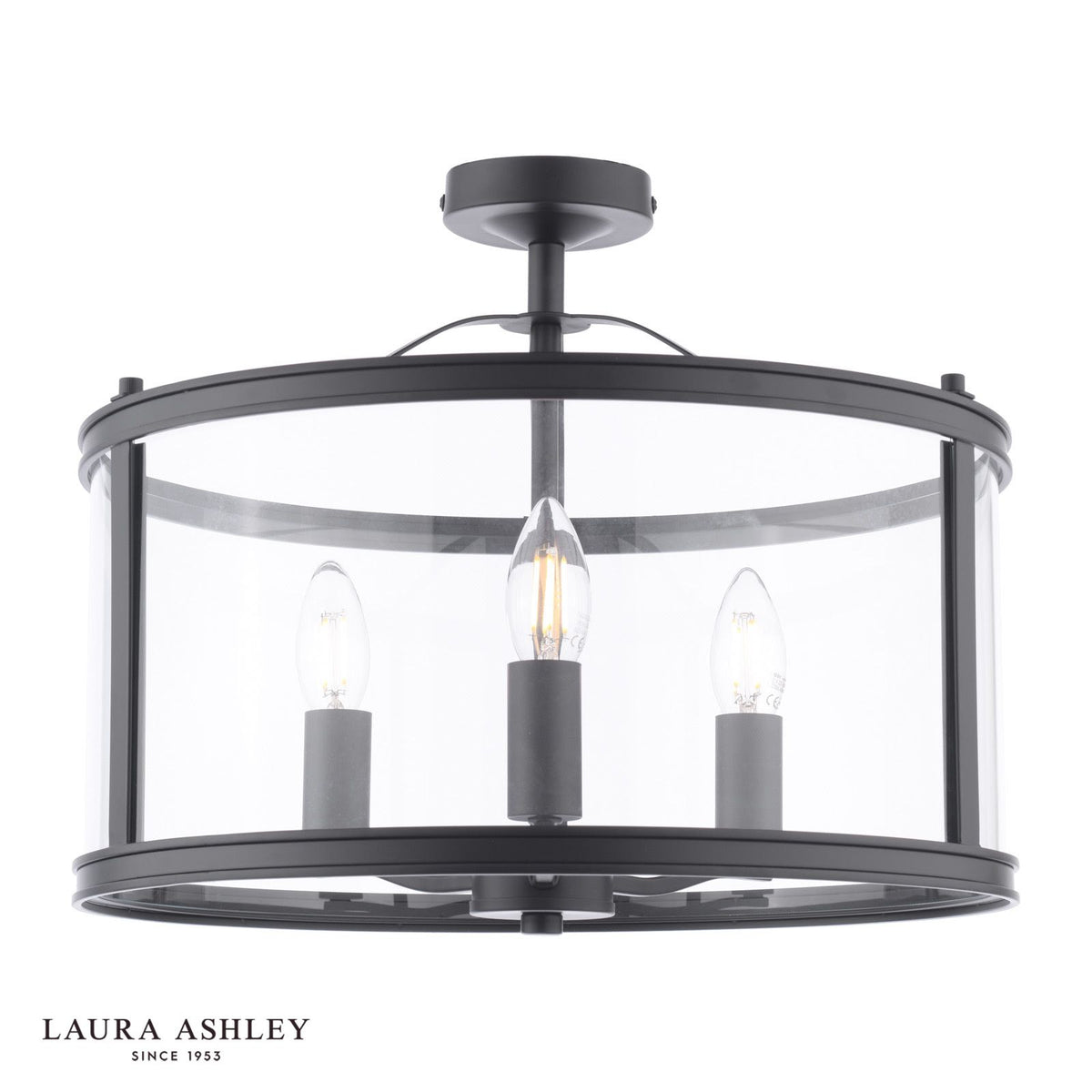 Laura Ashley Harrington 3 Light Semi-Flush Matt Black and Glass