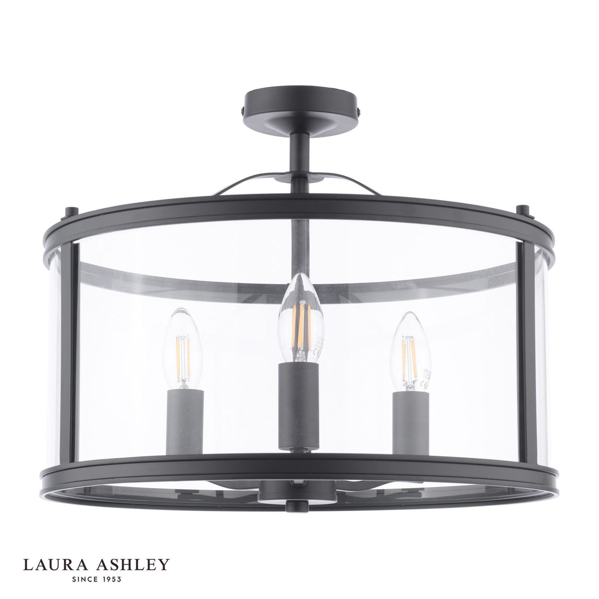 Laura Ashley Harrington 3 Light Semi-Flush Matt Black and Glass