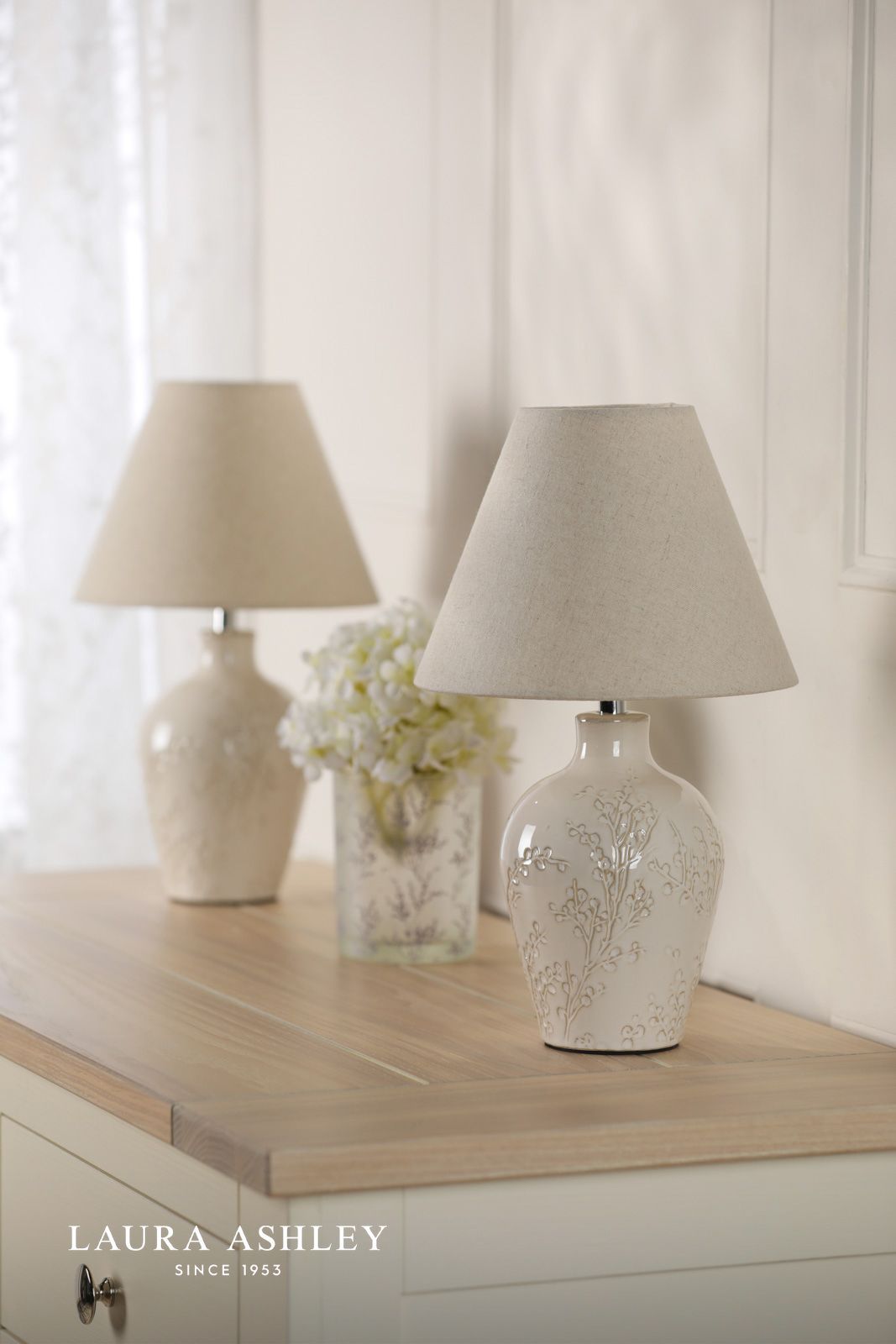Laura Ashley Pussywillow Table Lamp Cream Ceramic With Shade (Twin Pack)