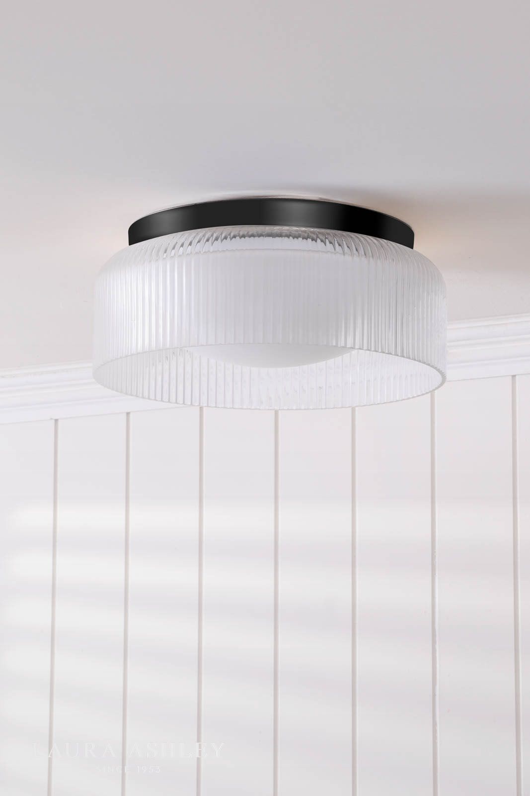 Laura Ashley Charissa Bathroom Ceiling Light Matt Black and Ribbed Glass IP44