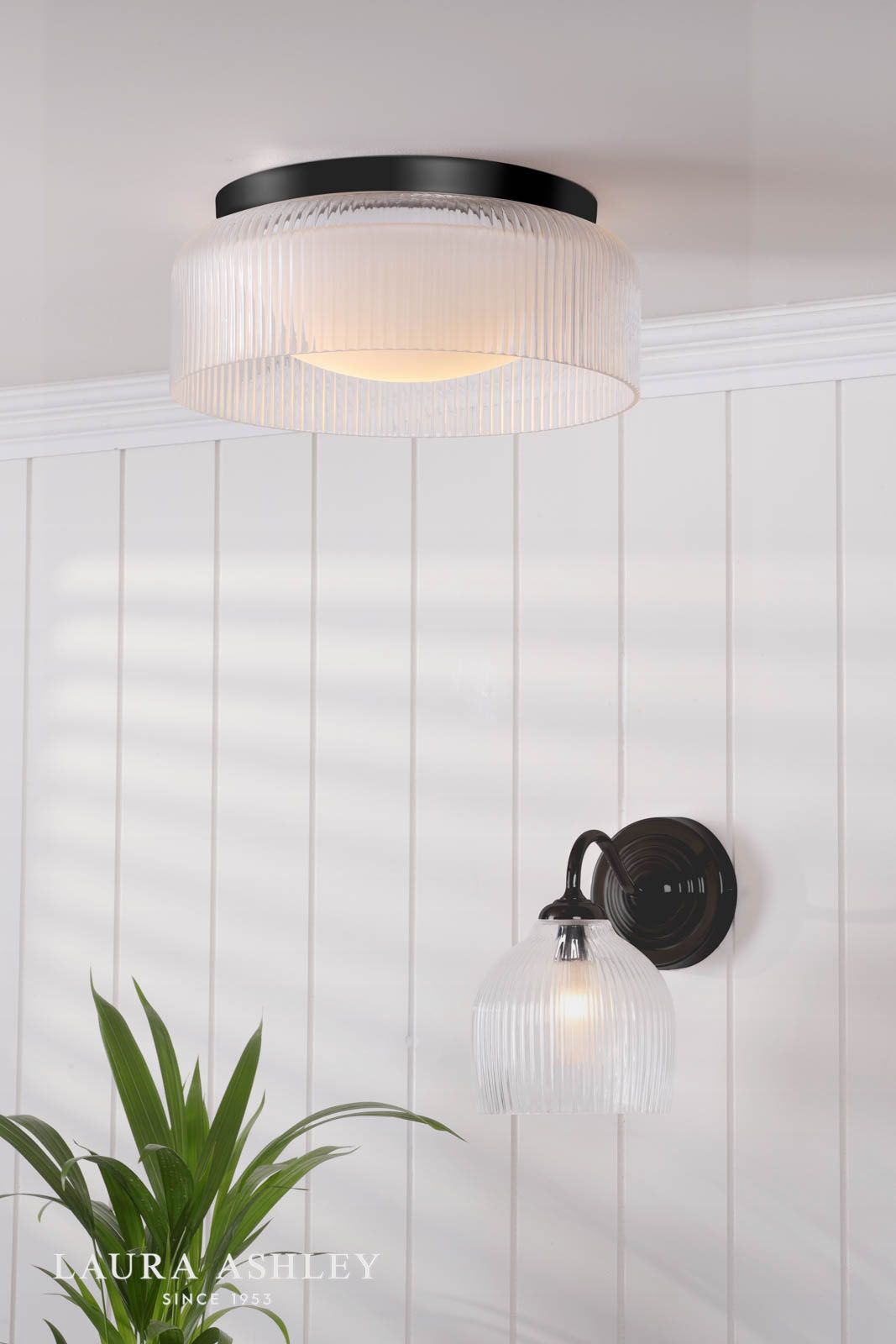 Laura Ashley Charissa Bathroom Ceiling Light Matt Black and Ribbed Glass IP44